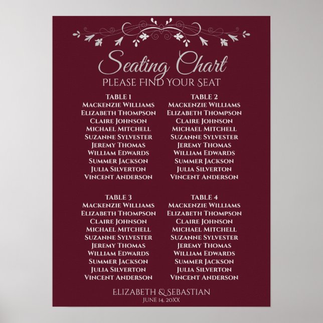 Simple Burgundy 4 Table Wedding Seating Chart (Front)