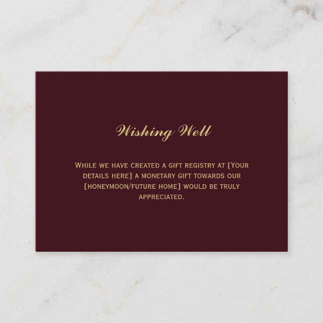 Simple Burgundy and Gold Wedding Wishing Well Enclosure Card (Front)