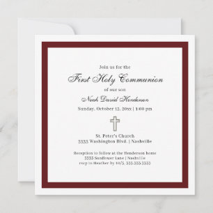 Simple Burgundy and White First Holy Communion Invitation