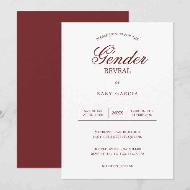 Simple Burgundy and White Minimalist Gender Reveal Invitation (Front/Back)