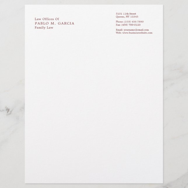 Simple Burgundy and White Professional Lawyer Custom Letterhead (Front)