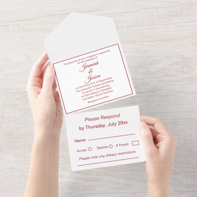 Simple Burgundy and White Wedding All In One Invit All In One Invitation (Tearaway)