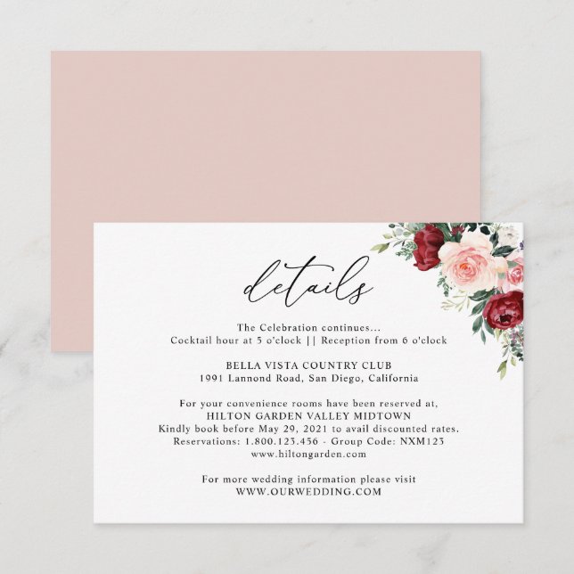 Simple Burgundy Blush Floral Wedding Details Enclo Enclosure Card (Front/Back)