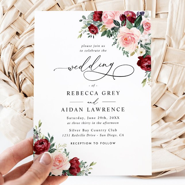 Simple Burgundy Blush Watercolor Floral Wedding Invitation (Creator Uploaded)