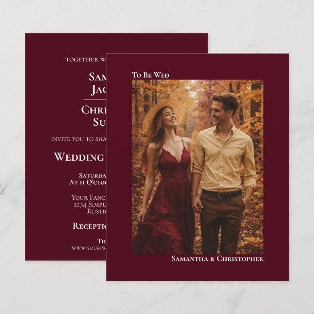 Simple Burgundy BUDGET Wedding Photo Invitation (Front/Back)