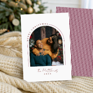 Simple Burgundy Couple Photo Arch Christmas Holiday Card
