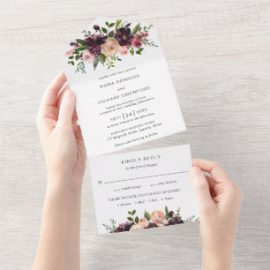 Simple Burgundy Fall Floral Elegant Wedding All In One Invitation