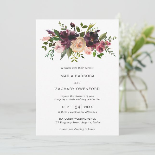 Simple Burgundy Fall Floral Elegant Wedding Invitation (Standing Front)