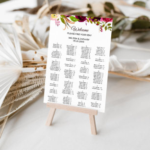 Simple Burgundy Floral Alphabetical Seating Chart