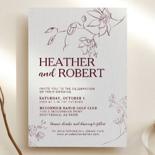 Simple Burgundy Floral Botanical Boho Wedding Invitation