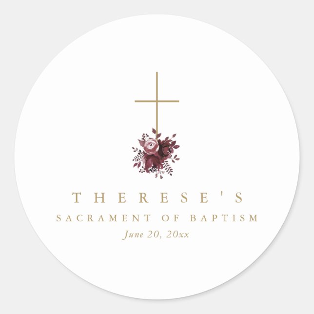 Simple Burgundy Floral Cross Catholic Baptism Classic Round Sticker (Front)