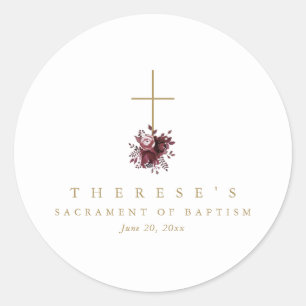 Simple Burgundy Floral Cross Catholic Baptism Classic Round Sticker