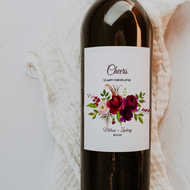 Simple Burgundy Floral Wedding Wine Labels (Creator Uploaded)