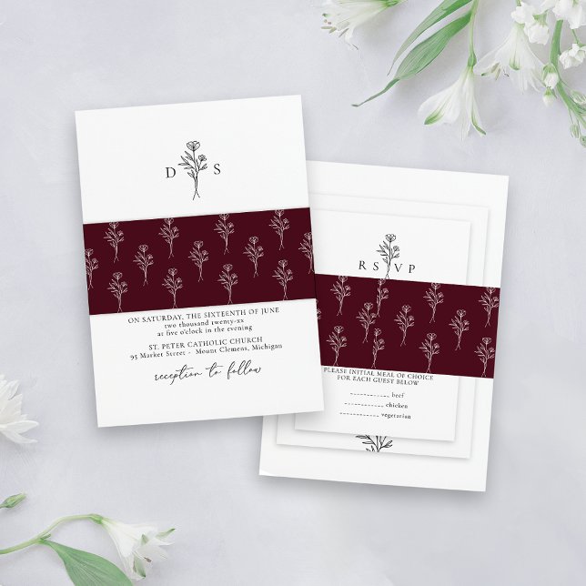 Simple Burgundy Minimalist Floral Pattern Wedding Invitation Belly Band (Creator Uploaded)