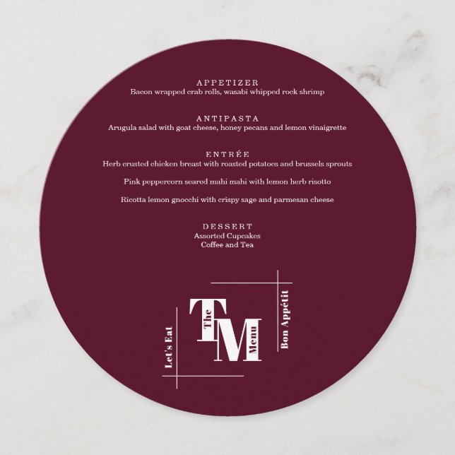 Simple Burgundy Modern Chic Boho Wedding Thank You Menu (Front)