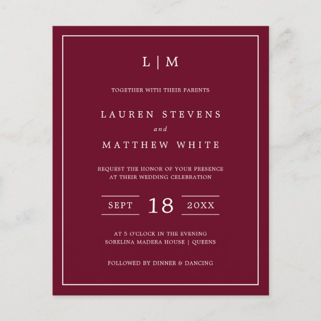 Simple Burgundy Monogram Budget Wedding Invite (Front)