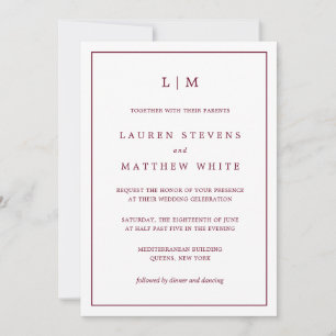 Simple Burgundy Monogram Elegant Wedding Invitation