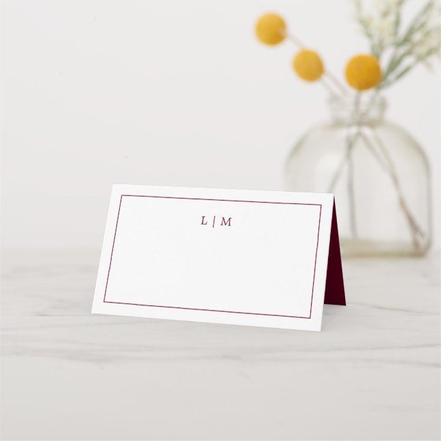 Simple Burgundy Monogram Elegant Wedding Place Card (Front)
