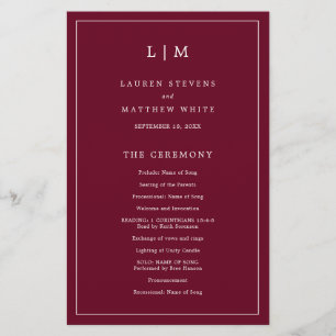 Simple Burgundy Monogram Elegant Wedding Program Flyer