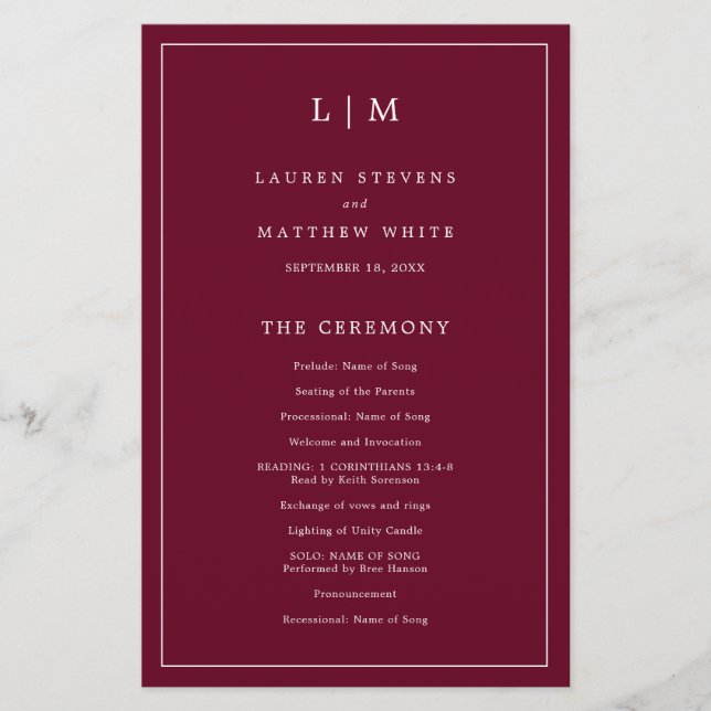 Simple Burgundy Monogram Elegant Wedding Program Flyer (Front)