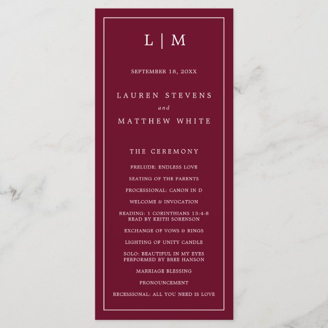 Simple Burgundy Monogram Elegant Wedding Programme (Front)