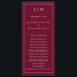 Simple Burgundy Monogram Elegant Wedding Programme<br><div class="desc">Modern Wedding Program featuring a simple yet elegant design with a traditional layout. Your two letter monogram is at the top along with your details surrounded by a thin border. All design elements are white over a burgundy background and may be changed in the design editing tool. A minimalist design...</div>