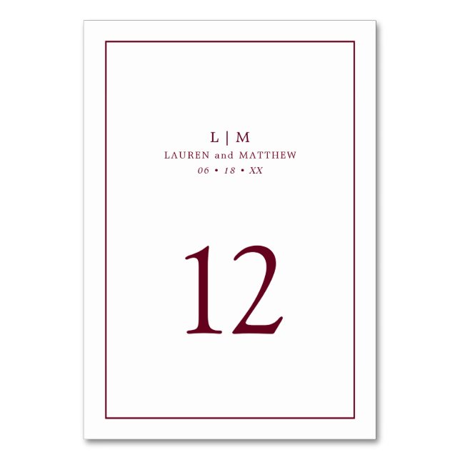 Simple Burgundy Monogram Elegant Wedding Table Number (Front)