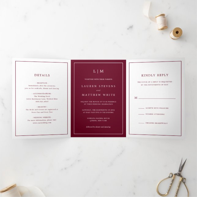 Simple Burgundy Monogram Elegant Wedding Tri-Fold Invitation (Inside)