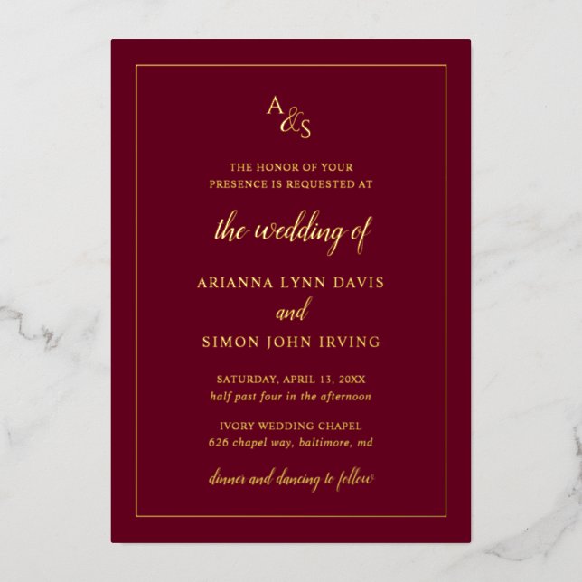 Simple Burgundy Monogram Formal Elegant Wedding (Front)