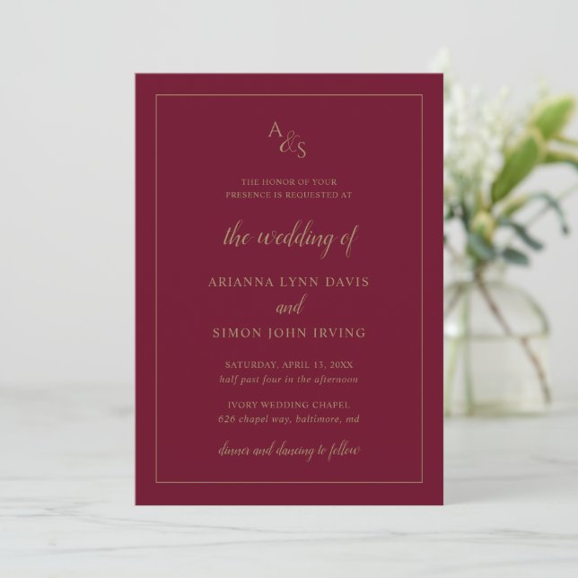 Simple Burgundy Monogram Formal Elegant Wedding Invitation (Standing Front)