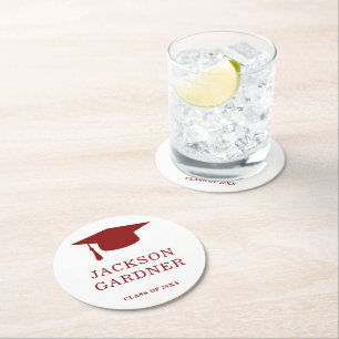 Simple Burgundy Mortar Board Modern Graduation Round Paper Coaster