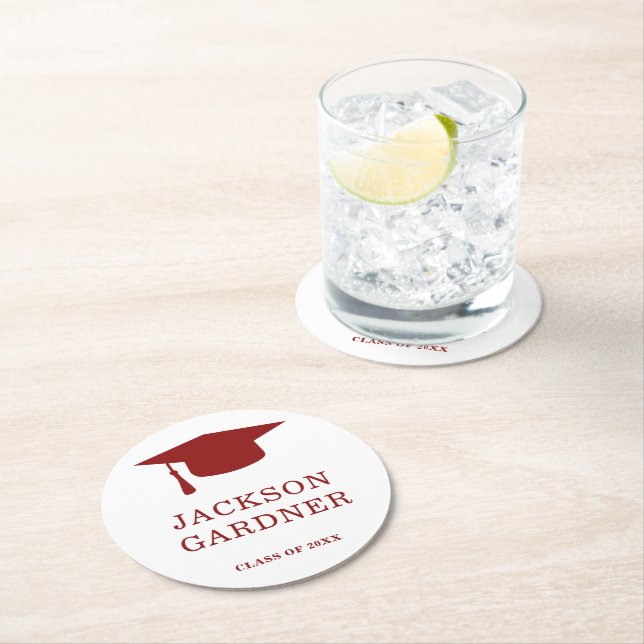 Simple Burgundy Mortar Board Modern Graduation Round Paper Coaster (Insitu)