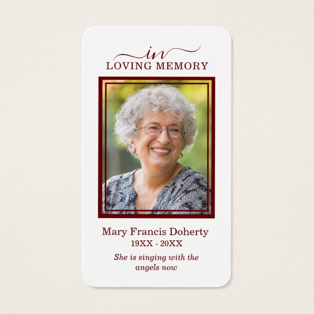Simple Burgundy Photo Sympathy Funeral Prayer Card (Front)
