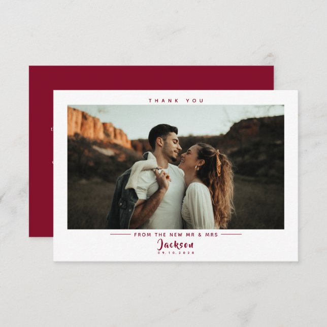 Simple Burgundy Photo Wedding Thank You Card (Front/Back)