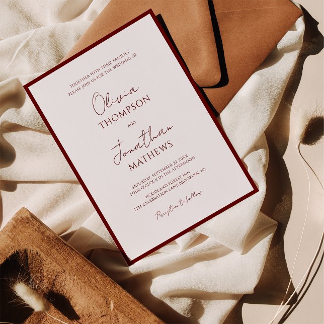 Simple Burgundy Red Border Script Wedding Invitation (Creator Uploaded)