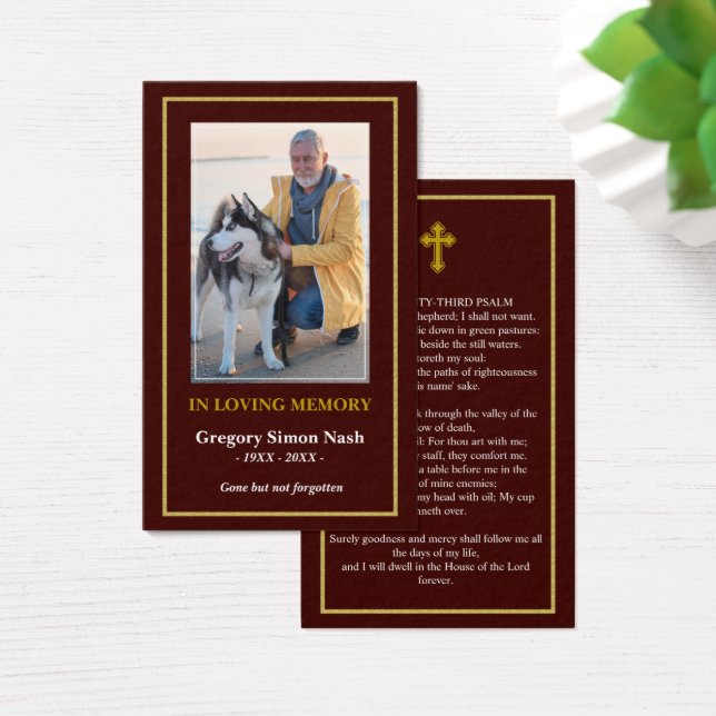 Simple Burgundy Red Gold Photo Funeral Card (Desk)