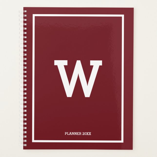 Simple Burgundy Red Initial Monogram Monthly Planner (Front)