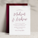 Simple Burgundy Script Wedding Invitation<br><div class="desc">Minimalist wedding invitations featuring your names displayed in a simple burgundy script with your wedding details shown below. The invite reverses to a solid burgundy background.</div>