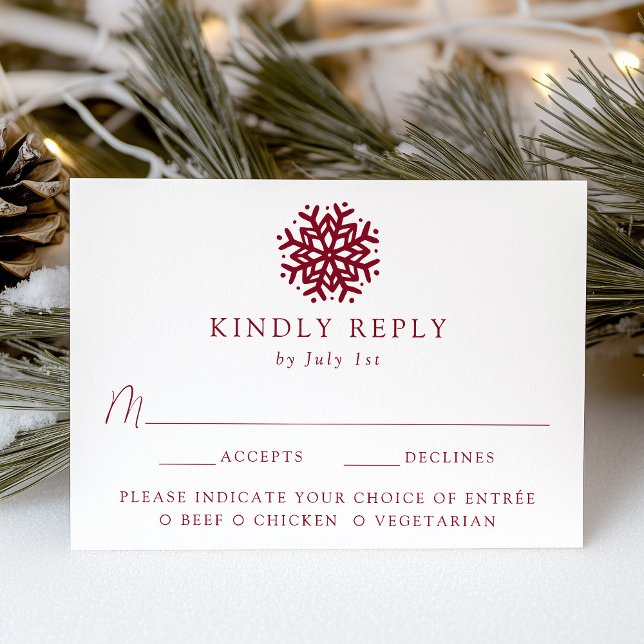 Simple Burgundy Snowflake Meal Choice Wedding RSVP Card (Creator Uploaded)