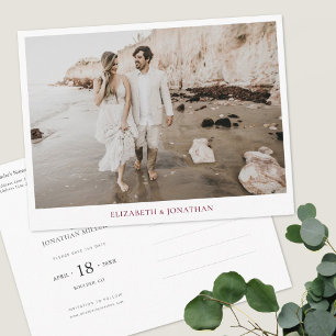 Simple Burgundy Typography Photo Save the Date Invitation Postcard