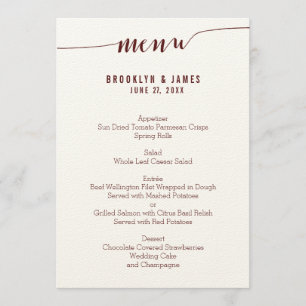 Simple Burgundy Wedding Menu Cards On Ecru Paper