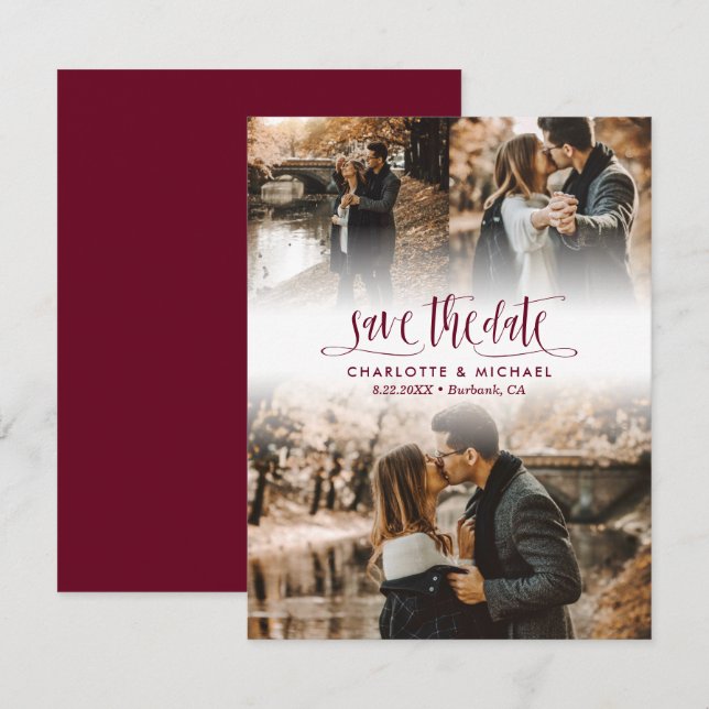 Simple Burgundy Wedding Photo Save The Date Announcement (Front/Back)