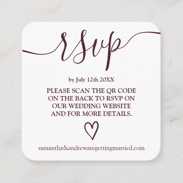 Simple burgundy wedding rsvp Qr code Enclosure Card (Front)