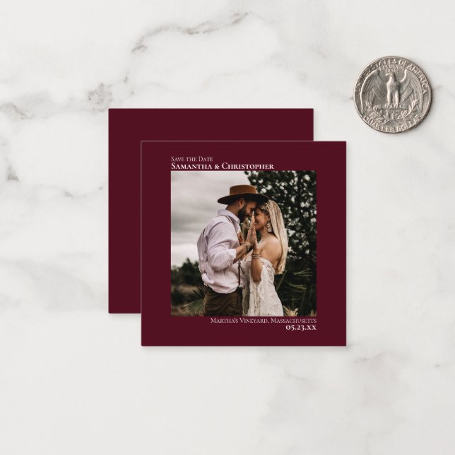 Simple Burgundy Wedding Save the Date Photo Mini Card (Front/Back In Situ)