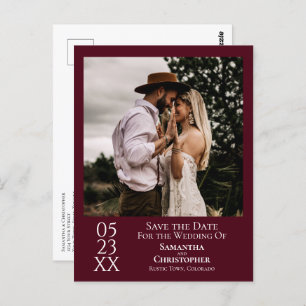 Simple Burgundy Wedding Save the Date Photo Postcard