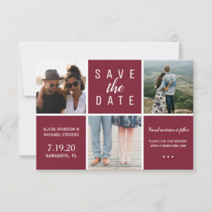 Simple burgundy white 3 photo collage wedding save the date