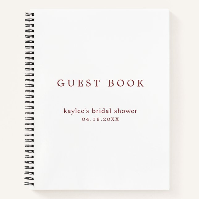 Simple Burgundy White Bridal Shower Guest Book (Front)