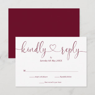 Simple Burgundy White Script Heart Kindly Reply RSVP Card
