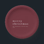 Simple Burgundy White Typography Merry Christmas Paper Plate<br><div class="desc">Simple Burgundy White Typography Merry Christmas. Fully customisable contemporary style for your holiday party table,  with your greeting larger in stylish lowercase with your names beneath. Easily personalise the text to your own details. Change text and background colours if you wish via he edit further option.</div>