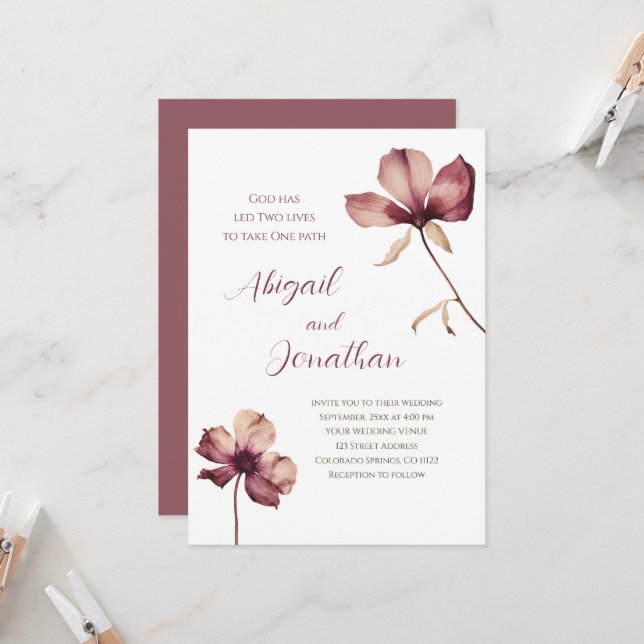Simple Burgundy Wildflowers Christian Wedding Invitation (Front/Back In Situ)